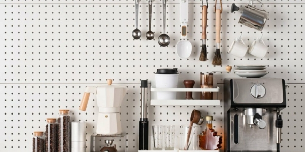 Espresso Coffee Maker and Accessories Knolling on White Colored Pegboard Background.